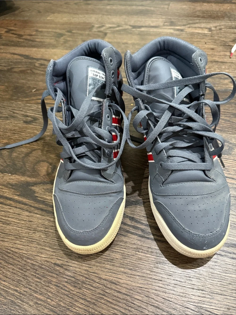 adidas Men’s Grey High-Top Sneakers with Red Stripes
